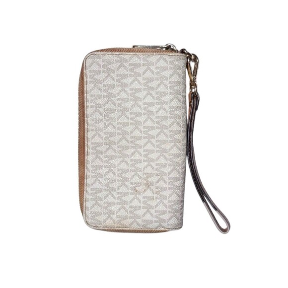 Michael Kors Flat Phone Wallet Wristlet Logo Zip Around Beige Tan Card Holder - Picture 2 of 10